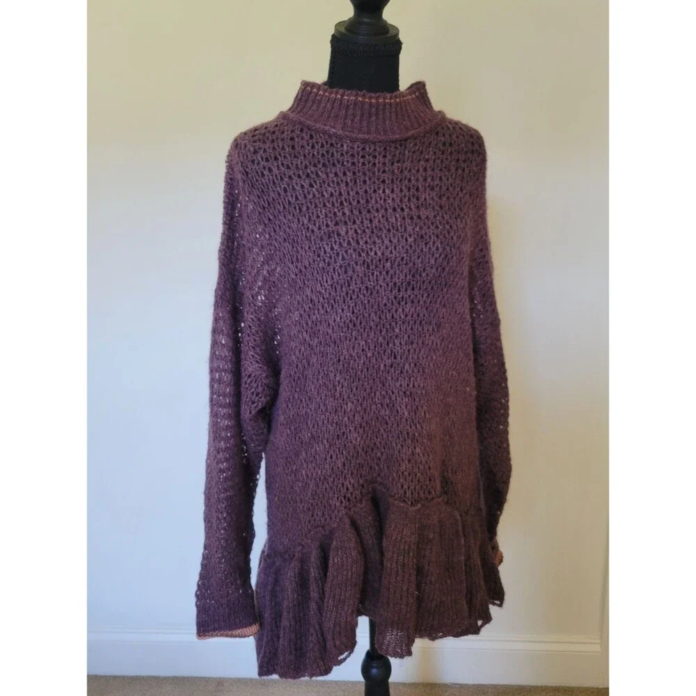 Free People Float On Peplum Sweater Mohair Blackberry Boho Cozy Oversized Neck S